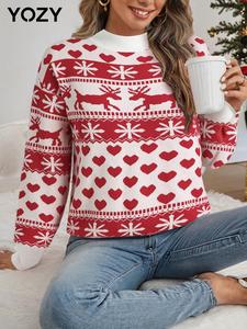 YOZY Women's Reindeer & All Over Heart Print Drop Shoulder Sweater, Casual Long Sleeve High Neck Jumper for Fall & Winter, Ladies' Knitwear for Daily Wear