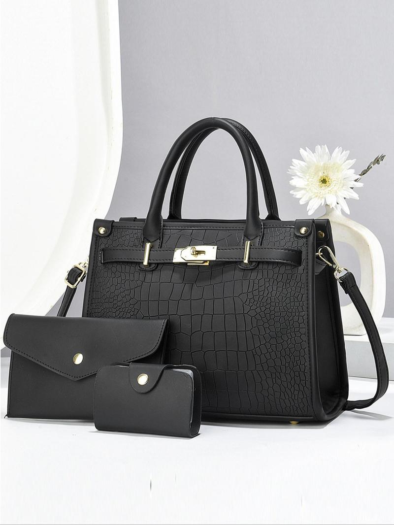 Product Introduction of Women's Fashionable Crocodile Embossed Tote Bag & Wallet & Clutch Bag, Large Capacity Pu Tote Bag with Shoulder Strap, Casual Trendy Versatile High-quality Daily Commuting  Bag Set 0