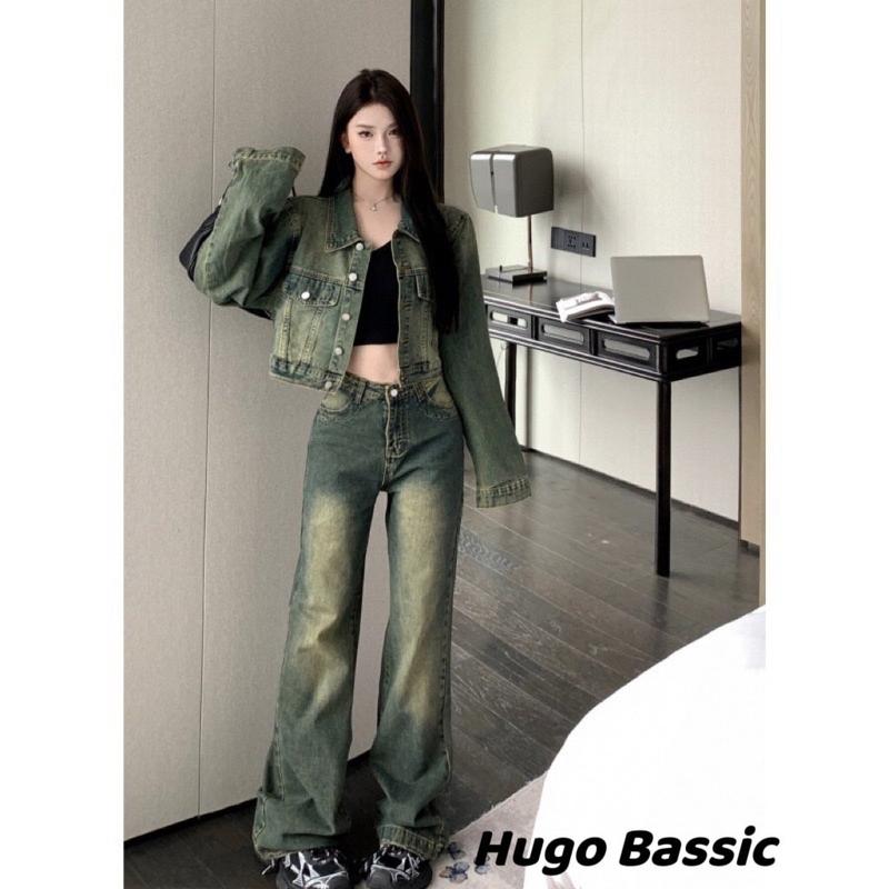 Bộ Jean Denim Croptop Áo và Quần Jean Ống Suông Hugo Bassic Nữ Women Ong