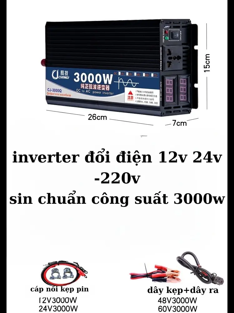 Kích điện 12v/24V/48V/60V lên 220v 3000w sin chuẩn, đổi nguồn DC 12v/24V/48V/60V lên 220V công suất 3000W sin chuẩn