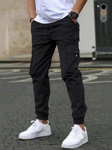 Men's Regular Fit Solid Flap Pocket Drawstring Waist Cargo Pants, Street Fashion Casual Breathable Plain Jogger Pants for Daily Wear, Fashion Men's Bottoms for Summer, Menswear, Comfy Fabric Activewear