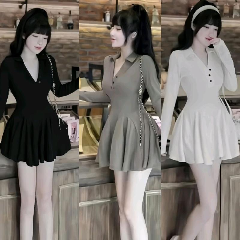 Đầm ngắn dáng xòe dễ thương tay dài cổ trụ phối nút kèm quần trong chất thun gân lạnh đẹp Nữ Women Kem Dress Xám sang trọng thường Beige Sang trọng Màu Đen