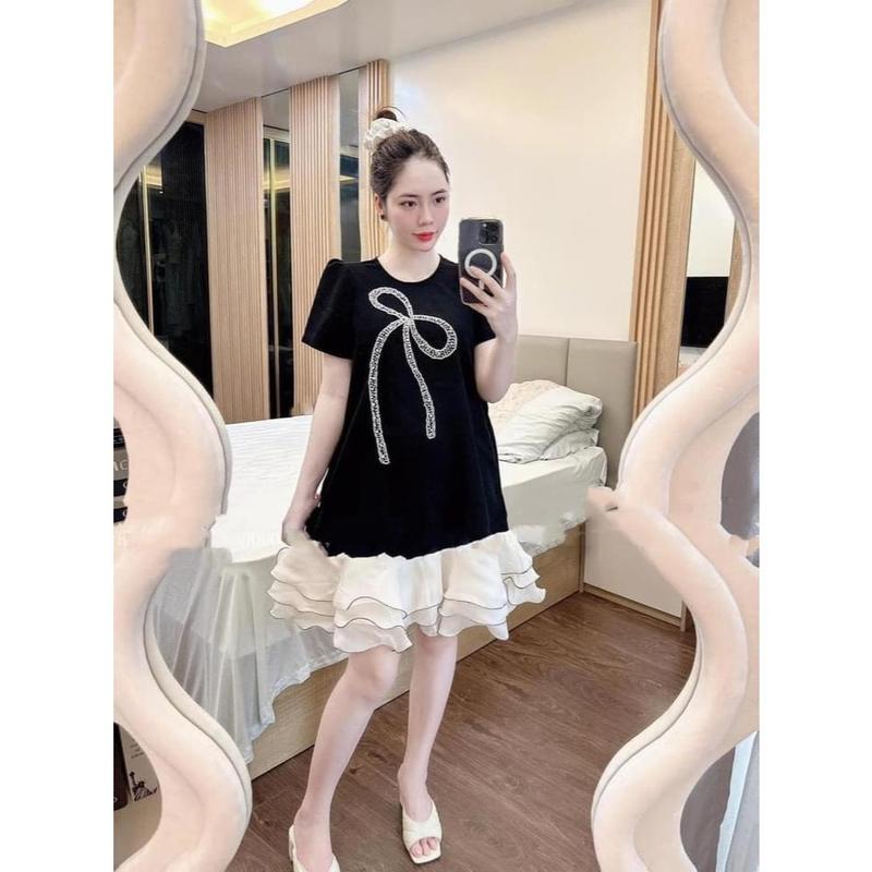Váy bầu, đầm bầu babydoll xinh thiết kế cổ tròn đen hoạ tiết dính nơ to phối voan đuôi cá tiểu thư siêu xinh