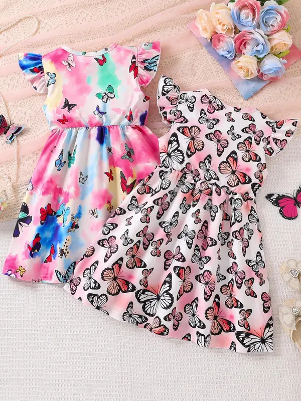 Girl's Butterfly Print Dress, Casual Butterfly Sleeve Round Neck Dress for Summer, Kids Clothes for Daily Wear,  Dresses for Summer 1