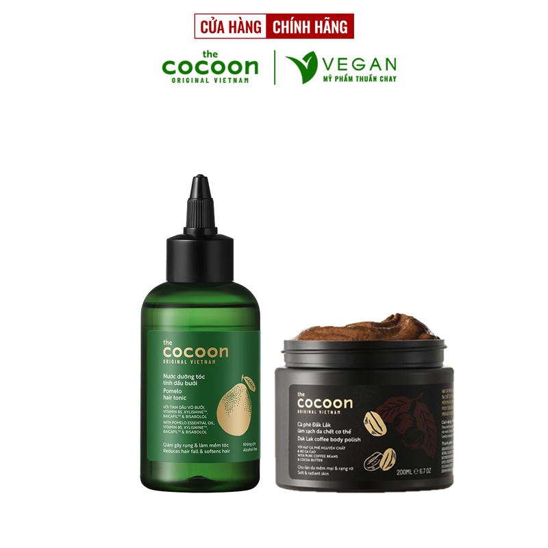 COMBO Nước dưỡng tóc tinh dầu bưởi Cocoon 140ml + Tẩy tbc Cà phê Body 200ml
