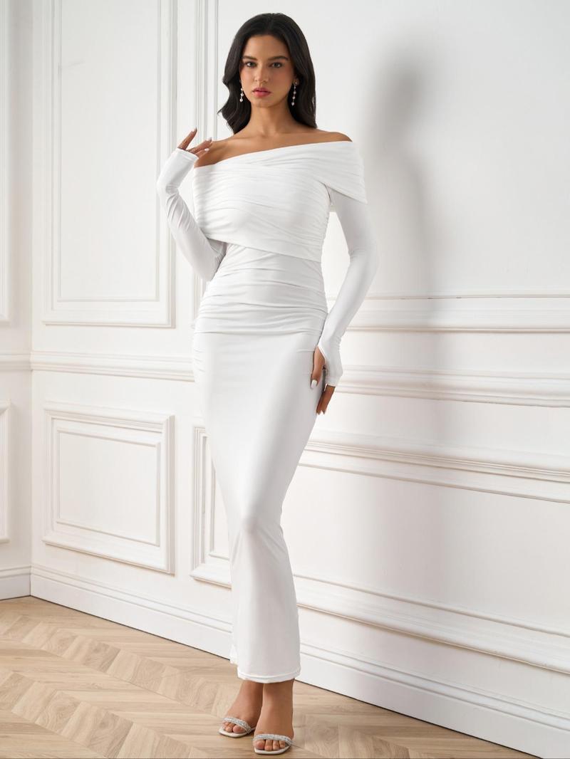 Product Introduction of Women's Plain Ruched Asymmetrical Neck Bodycon Dress, Elegant Criss Cross Long Sleeve Maxi Dress for Party Holiday Wedding Guest, Ladies Spring & Fall Clothes, Evening Dresses 13