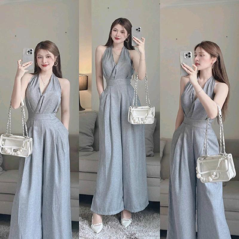 Sét Jumpsuit thời trang nữ body cổ yếm ống suông rộng với 3 tone màu sang chảnh đi dự tiệc sang trọng 1