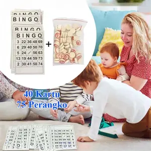 Game Bingo 40 Buah Bingo Card Kartu Bingo Dengan 75pcs Catur Kayu Mainan Bingo Set