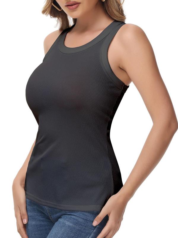 Women's Solid Round Neck Ribbed Tank Top, Casual Sleeveless Top for Daily Wear, Ladies Clothes for All Seasons 3