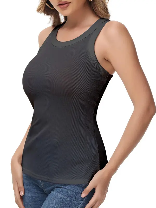 Women's Solid Round Neck Ribbed Tank Top, Casual Sleeveless Top for Daily Wear, Ladies Clothes for All Seasons 3