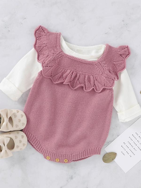Toddler Girl's Solid Ruffle Trim Square Neck Bodysuit without Inner Top, Casual Sleeveless Button Closure Crotch Bodysuit for Summer, Toddler Girls Clothing for Daily Wear 0