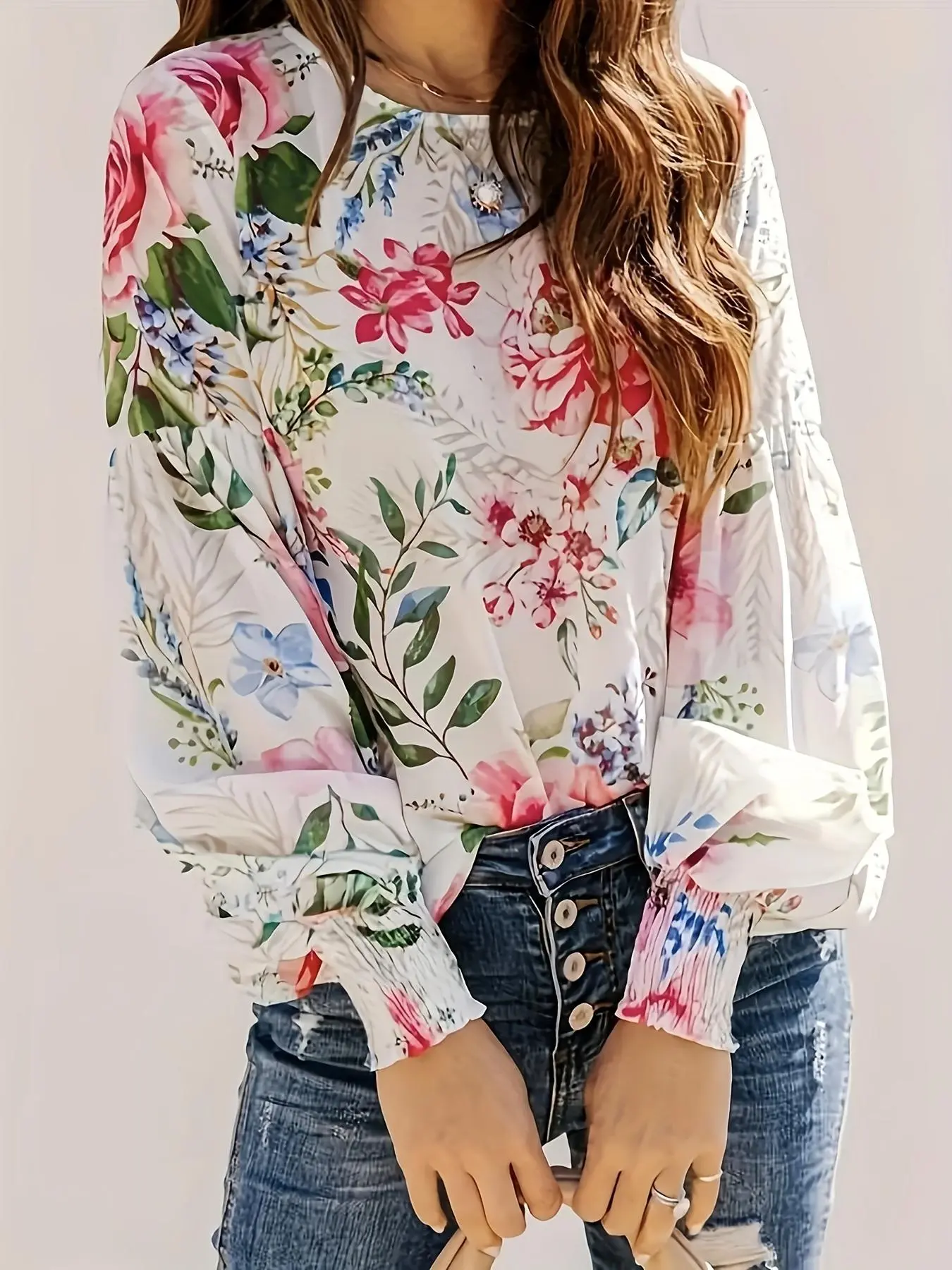 Women's Floral Print Shirred Bishop Sleeve Blouse, Elegant Keyhole Back Long Sleeve Top for Daily Wear, Ladies Clothes for All Seasons