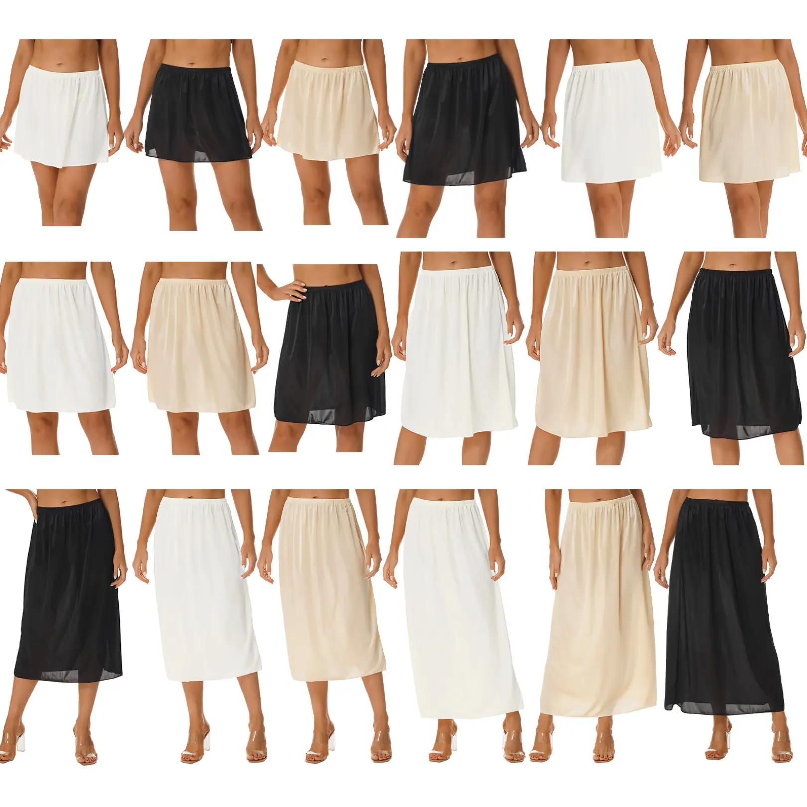 FEESHOW Women's Solid Color Satin Half Slips Skirt Elastic Waist Long Underskirt for Party Dress Skirt