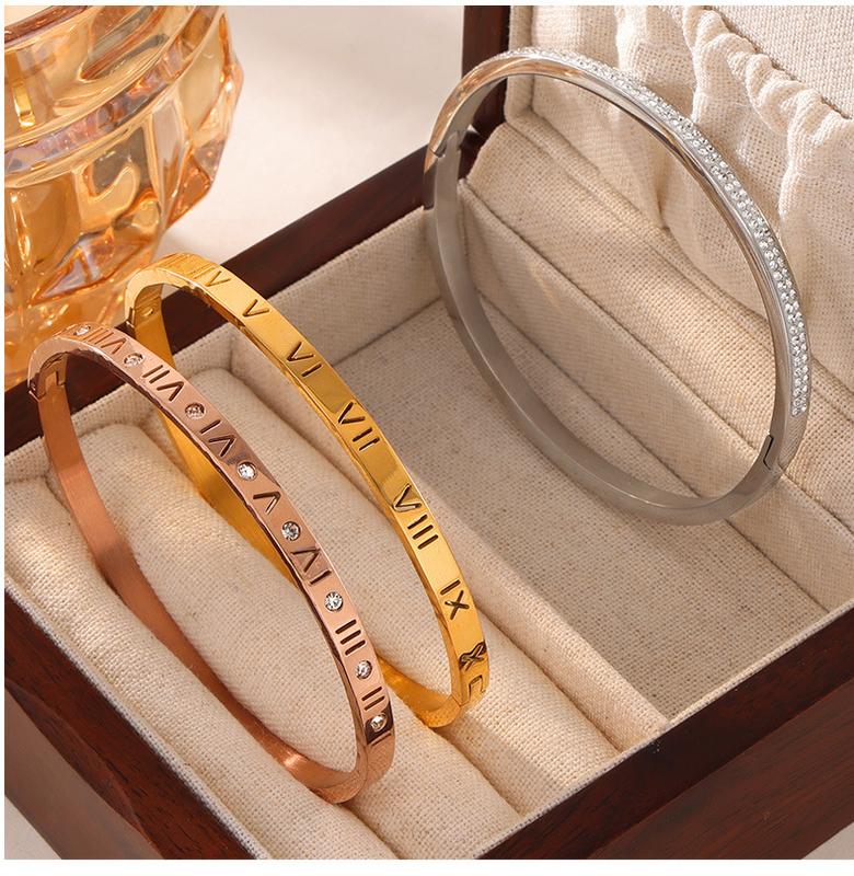 Product Introduction of Vintage niche personality unique simple jewelry carving Roman numeral design diamond titanium steel gold-plated bracelet 5