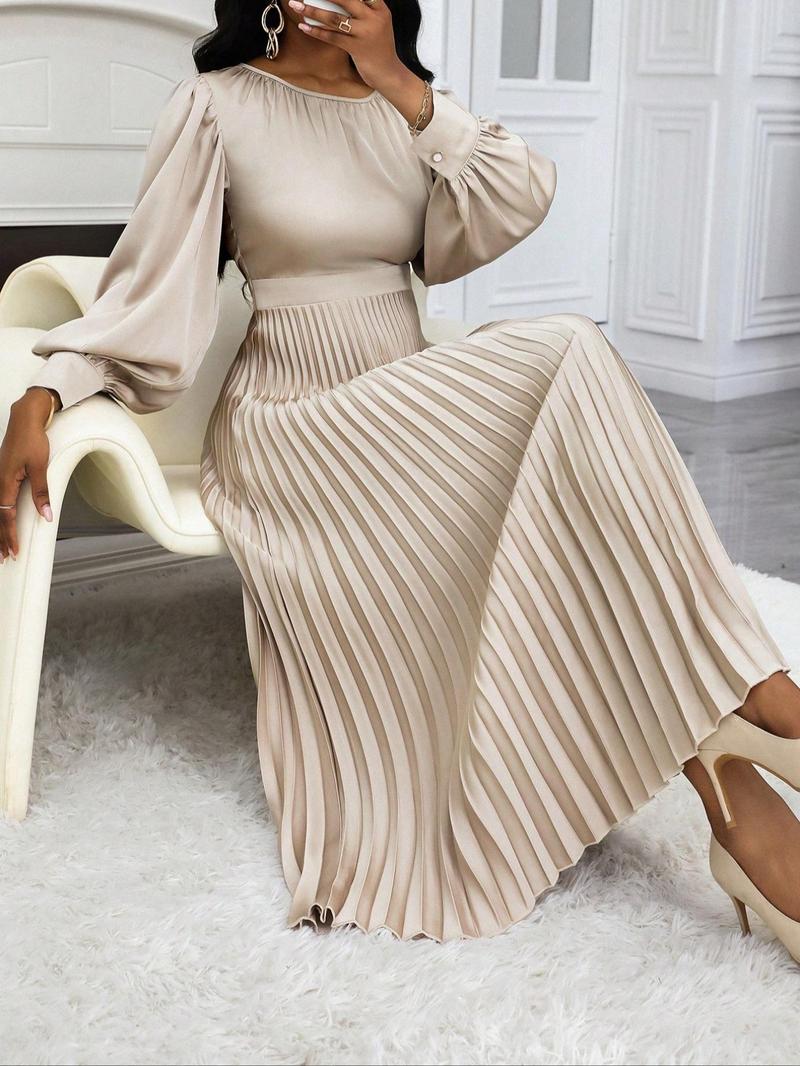 Product Introduction of Women's Plain Ruched Pleated A Line Dress, Elegant Bishop Sleeve Round Neck Long Dress for Party Holiday Wedding Guest, Ladies Spring & Fall Clothes 2