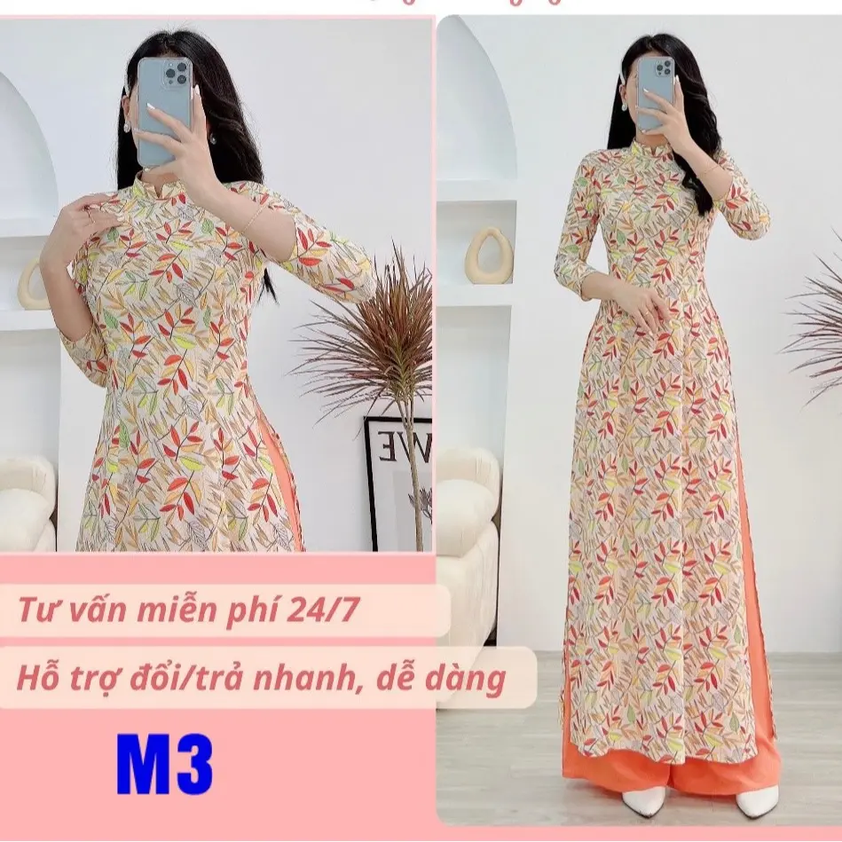 Áo dài họa tiết chiếc lá lụa Nhật _ Mã M3