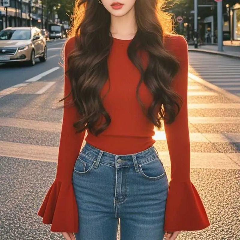 Áo Tay Loe Màu Đỏ, Độc Đáo Và Tuyệt Đẹp, Dành Cho Nữ, Bộ Sưu Tập Mùa Xuân, Cao Cấp Và Thanh Lịch, Mỏng Vừa Vặn, Áo Lớp Nền Top Women 2