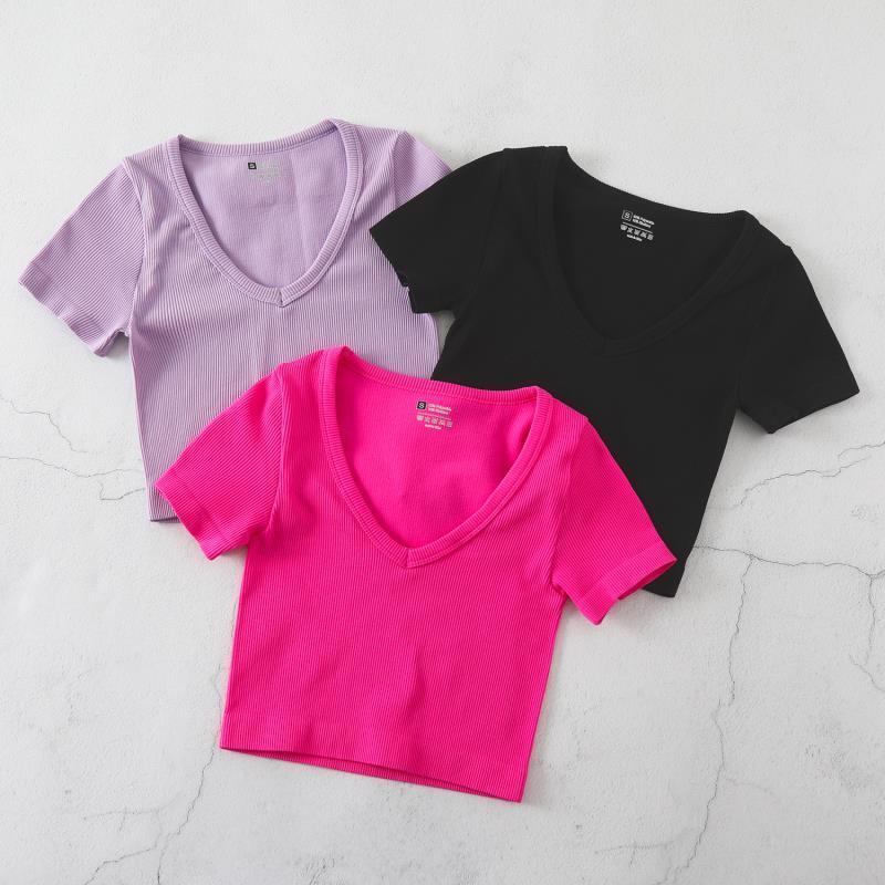 Product Introduction of European and American Yoga Wear Sexy Stretch Yoga Seamless Sports Top Short Sleeve V-Neck Slim Fit Solid Color Ribbed T-Shirt 10