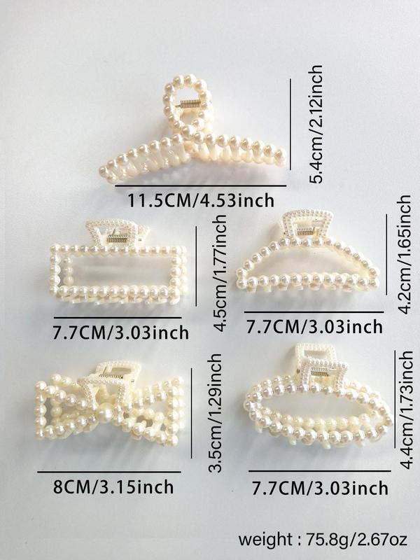 Summer 2024 Elegant Style Geometric Faux Pearl Decor Hair Claw Clips, Gorgeous Bow Design Hair Claws Set, Fashion Kawaii Hair Accessories for Women & Girls 1