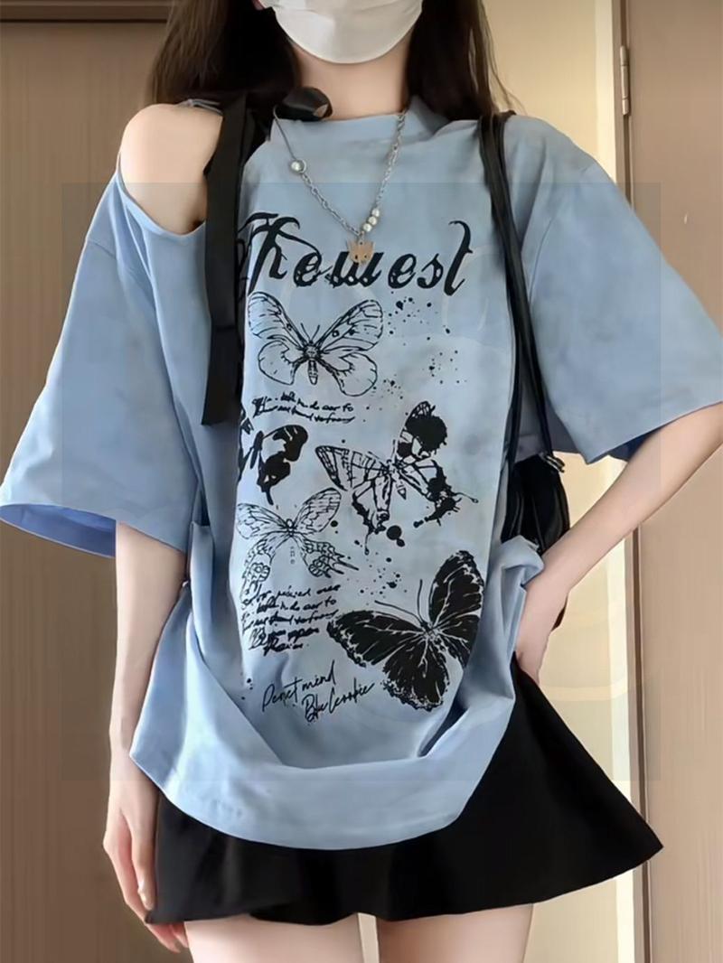 Product Introduction of [Bow Bandage Design] Preppy Style T-shirt Retro off-Shoulder Loose Short Sleeve Top Summer New Printing 10
