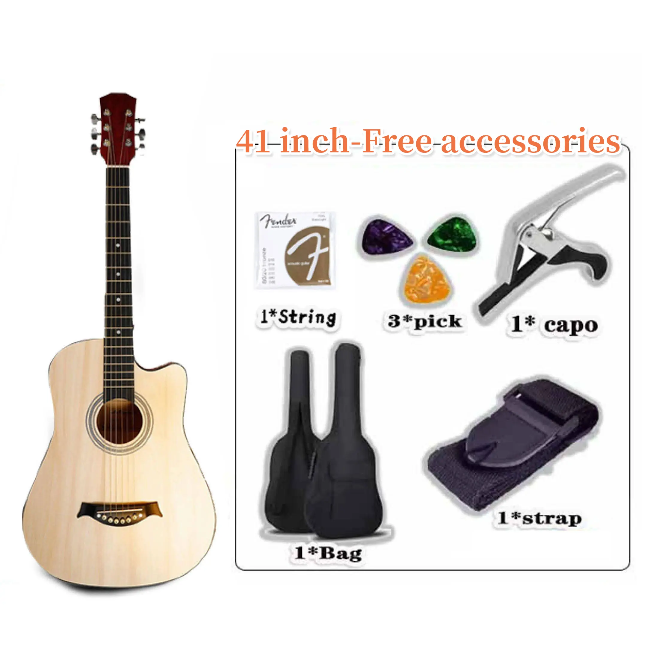 41 นิ้วกีตาร์พื้นเมืองกีตาร์พื้นบ้าน Basswood Fingerboard รอบกีตาร์เริ่มต้นกีตาร์ไม้เนื้อแข็งกีตาร์ 6 สาย