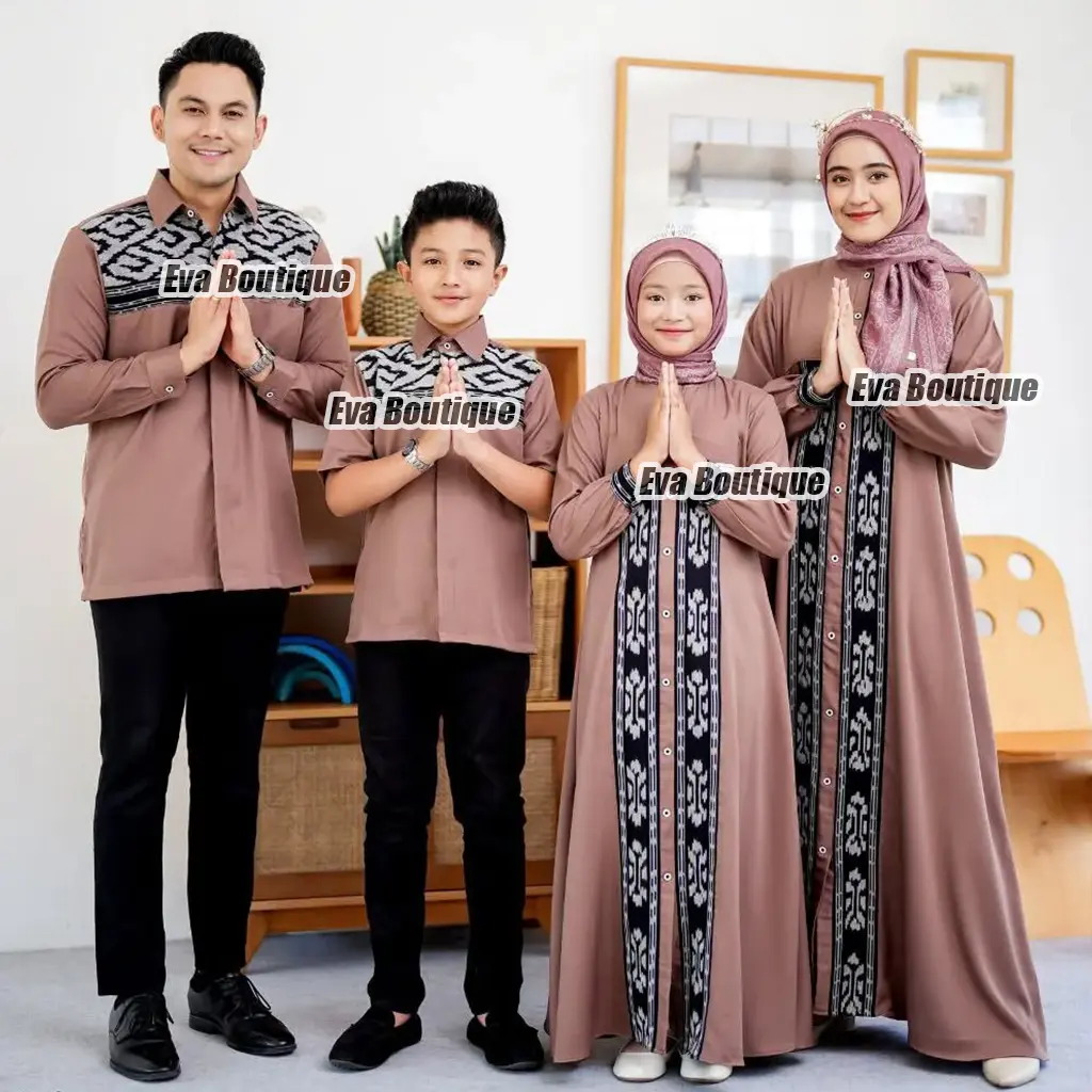 EVA BOUTIQUE - Diana Set Couple Gamis Syar'i Couple Lebaran Set Couple Family Tenun 1 keluarga busui Batik 2025 elegan mewah Sarimbit Kondangan Dress Muslim Pasangan Wanita Kaos mahogany baju