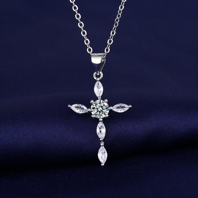 Product Introduction of [with Gra Certificate]S925 Silver Moissanite Necklace White Cross Pendant Clavicle Chain 17