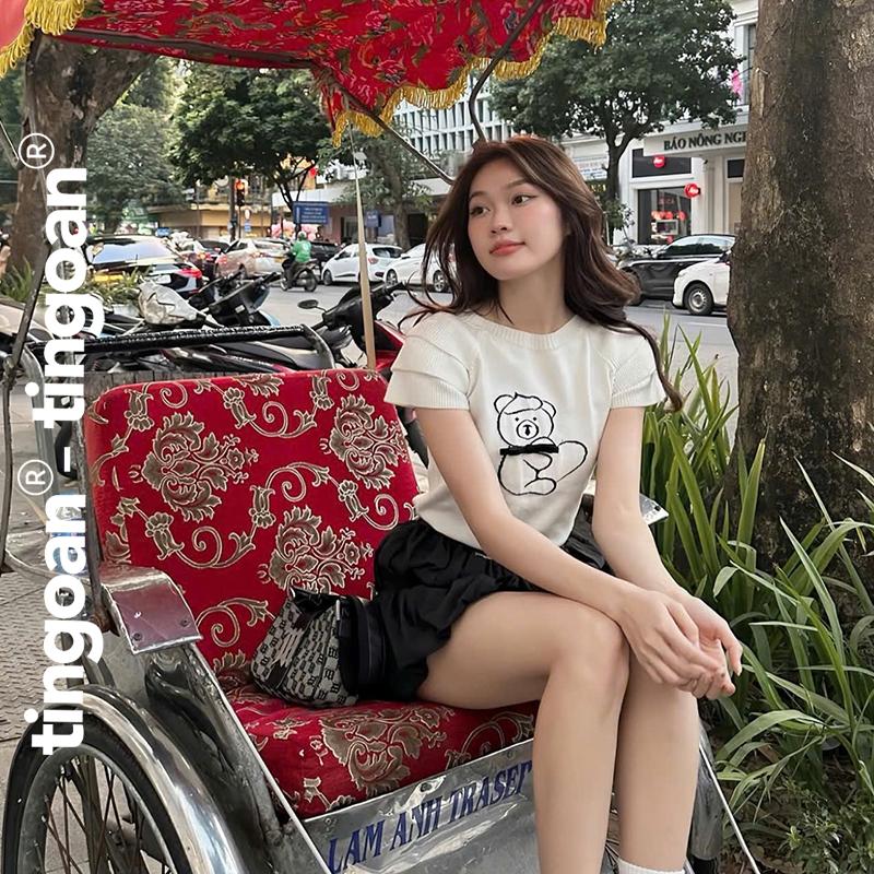 TINGOAN - Áo len xù dáng lửng ngắn tay thêu hình gấu trắng BABY BEAR TOP /WH PHIÊN BẢN MỚI NHẤT T6.2024