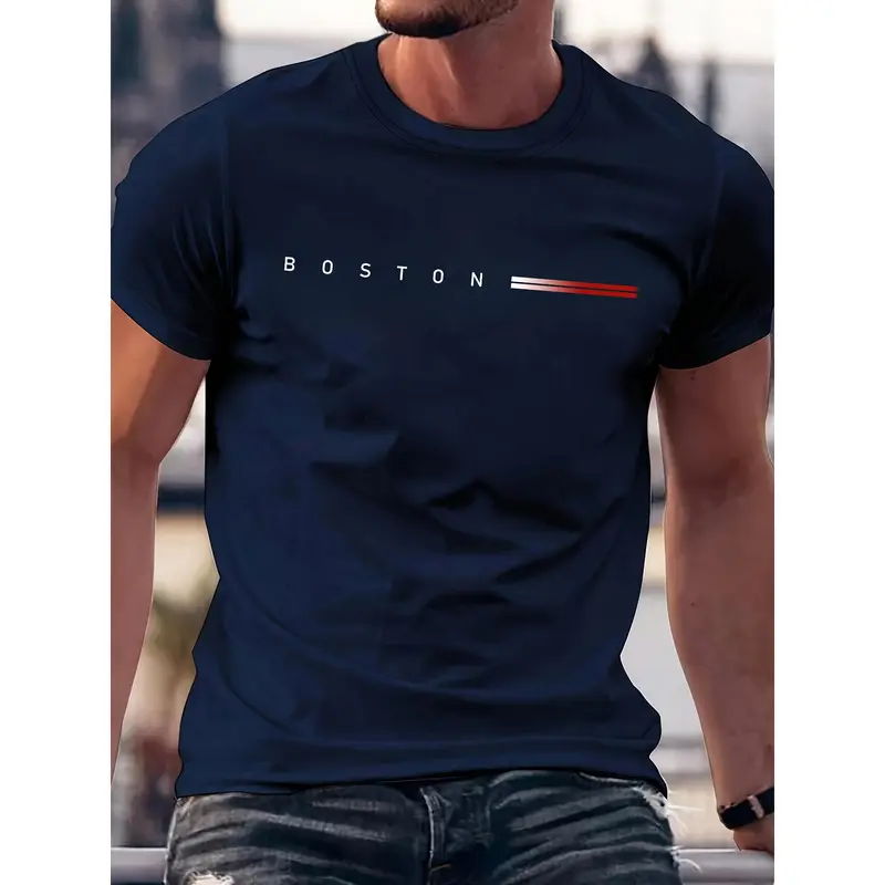 Kaos Penunjuk Arah Men's 100% Cotton BOSTON Graphic Print T-shirt, Casual Short Sleeve Crew Neck Tee, Men's Clothing For Outdoor kaos  penunjuk 1