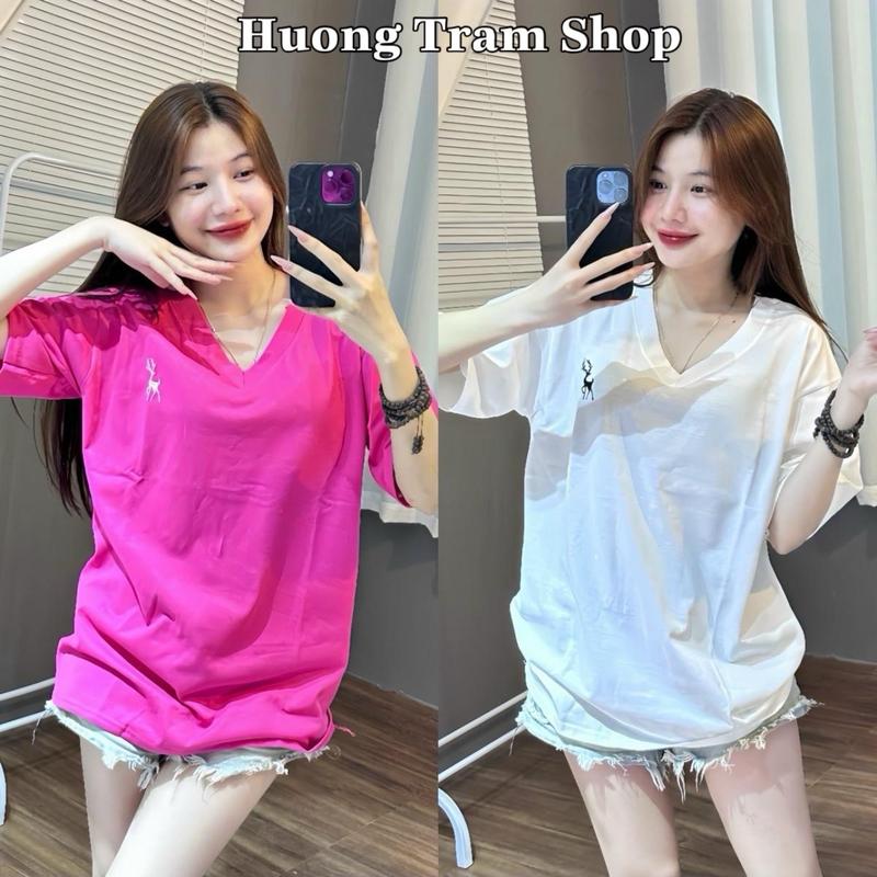Áo Thun Cổ Tim Hương Trầm Shop Form 45-70Kg - Cổ Tim Thêu Ngực Trái Hươu Chất cotton khô 3158 Nữ Women Top Cổ Tim áo trắng áo logo t1 áo thun form rộng cho nữ áo thun nữ form rộng đẹp