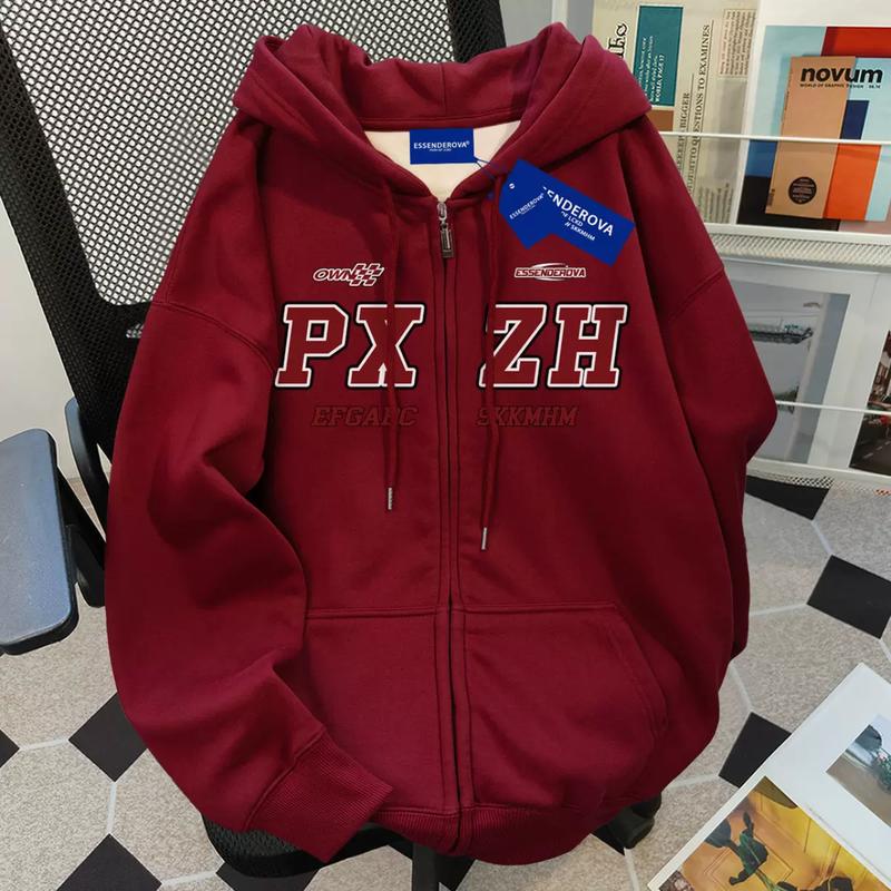 Áo Hoodie Cardigan In Chữ, Thời Trang HipHop, Độn Nhung Mùa Đông, Dáng Rộng Vừa Vặn, Áo Khoác Có Dây Kéo Cặp Đôi, Dành Cho Nam Giới, Phong Cách Dễ Phối Đồ 2024 Menswear Dài Tay 2