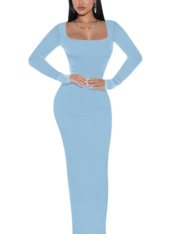 Women's Plain Ribbed Bodycon Dress, Casual Long Sleeve Ribbed Dress for Spring & Fall, Women's Clothing for Daily Wear 0