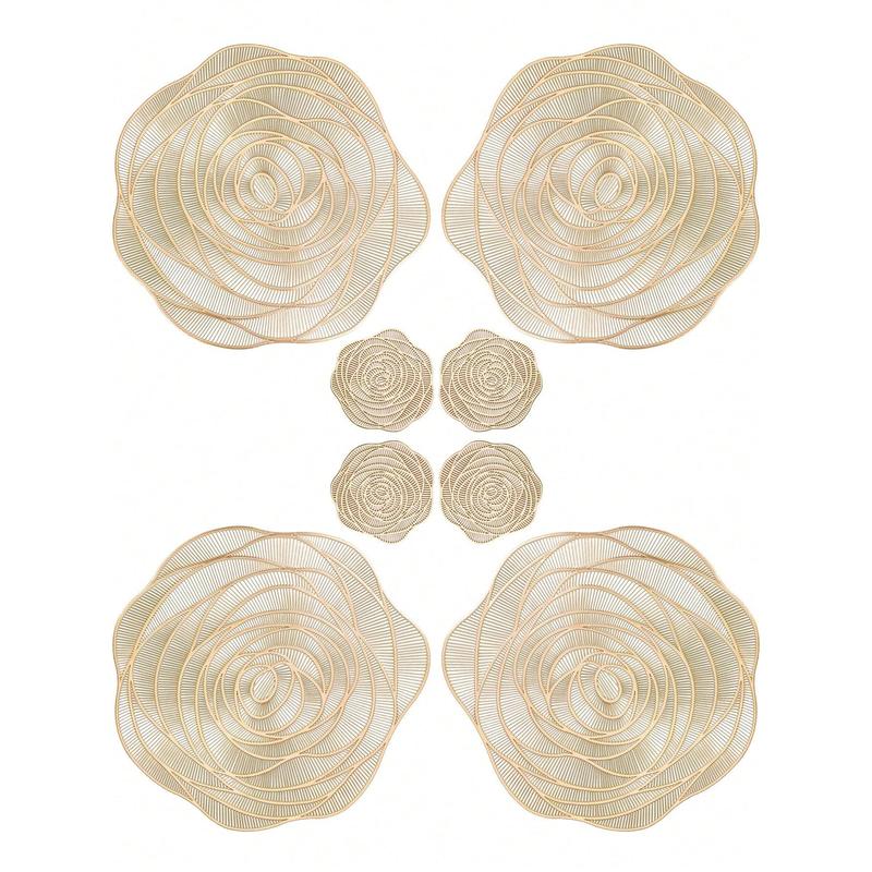 8pcs/set Gold Hollowed-out Rose Pvc Place Mats And Coasters, Washable, Easy To Clean, Wipeable, Slip-resistant, Heat-resistant, Suitable For Dining Table, Holiday, Wedding, Party Decoration Tableware 0