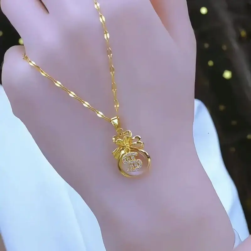 Pink money bag pendant necklace for women 2024 new model, internet celebrity, light luxury, niche design, high-quality collarbone chain
