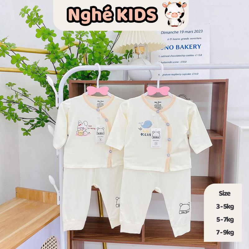 Combo 4 bộ dài tay sơ sinh khuy chéo Mebo chất thun lạnh petit, đồ bộ bé trai bé gái có quần đáp đũng