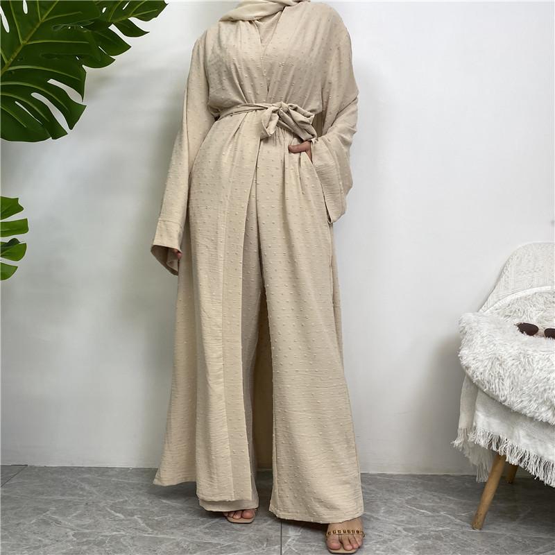 Product Introduction of Robe Three-Piece Set Long Cardigan Sleeveless Top and Pants with Pockets Muslim Islamic Clothing 1958 22