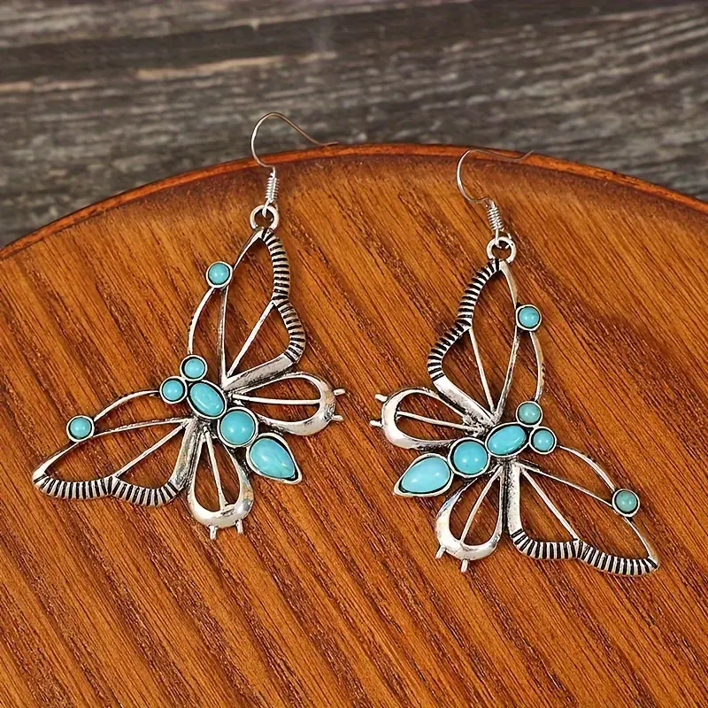 Exquisite Butterfly Design With Hollowed-out Details, Inlaid With Turquoise Pendant Earrings, Vintage Western-style Jewelry Plated With Golden Silvery, A Delicate Gift For Women 1