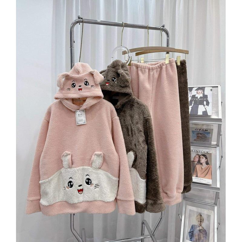 Bộ ngủ lông cừu thêu mèo dễ thương, Sét pyjama lông mũ tai gấu chất dày dặn ấm áp màu hồng nâu form rộng unisex hàn quốc, EYE 2T 6