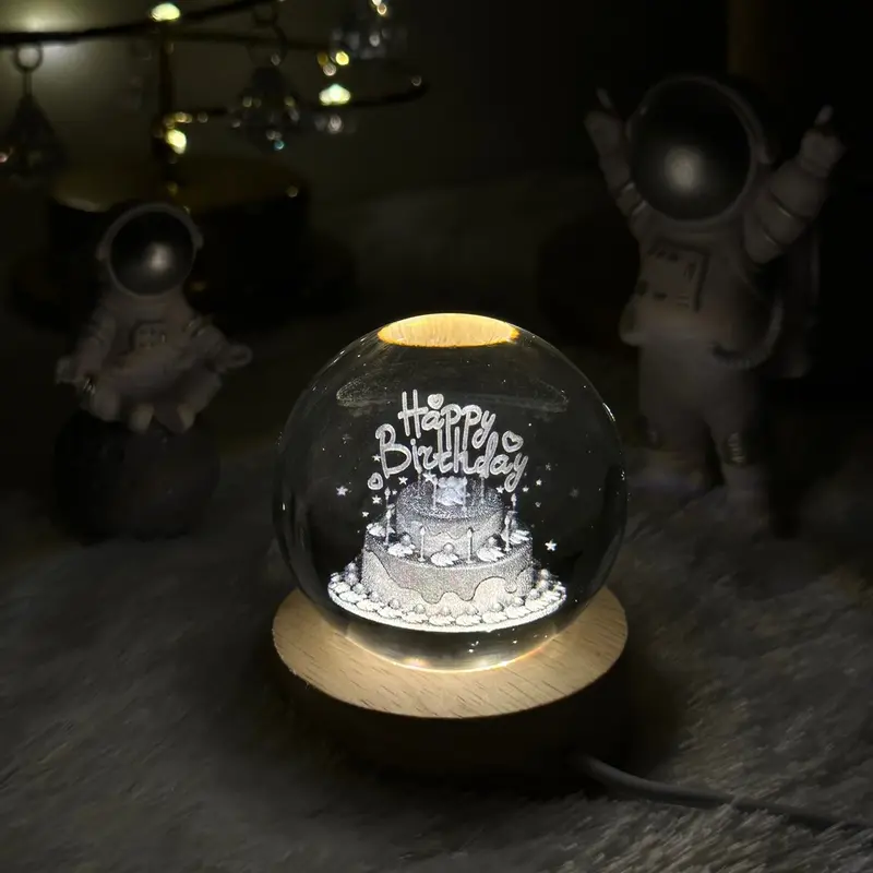 Lampu Crystal Mini 3D Happy Birthday Lampu Tidur Aesthetic Lampu Hias USB Hadiah Kado Ulang Tahun Pacar Kado Natal Akrilik Kristal Kuning 0