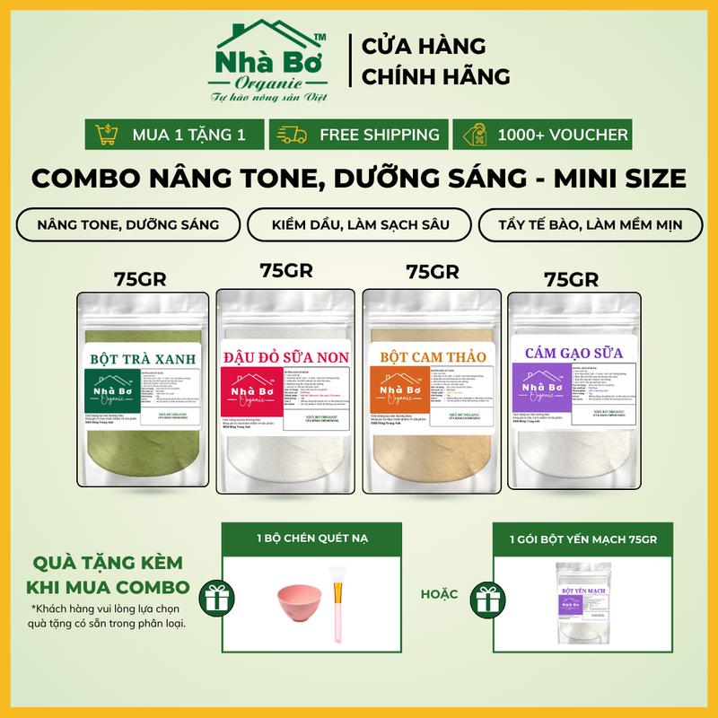 [MUA 1 TẶNG 1] Combo 4 Gói x 75g [Bột Đậu Đỏ Sữa Non + Bột Trà Xanh + Bột Cam Thảo + Bột Cám Gạo Sữa] - Giúp Dưỡng Trắng Sáng, Tẩy Tế Bào, Cấp Ẩm Cho Da Mặt và Body | Nhà Bơ Organic