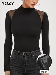 YOZY Women's Contrast Mesh Sheer Mock Neck Bodysuit, Elegant Long Sleeve Bodysuit for Party Club Dating, Ladies Clothes for All Seasons