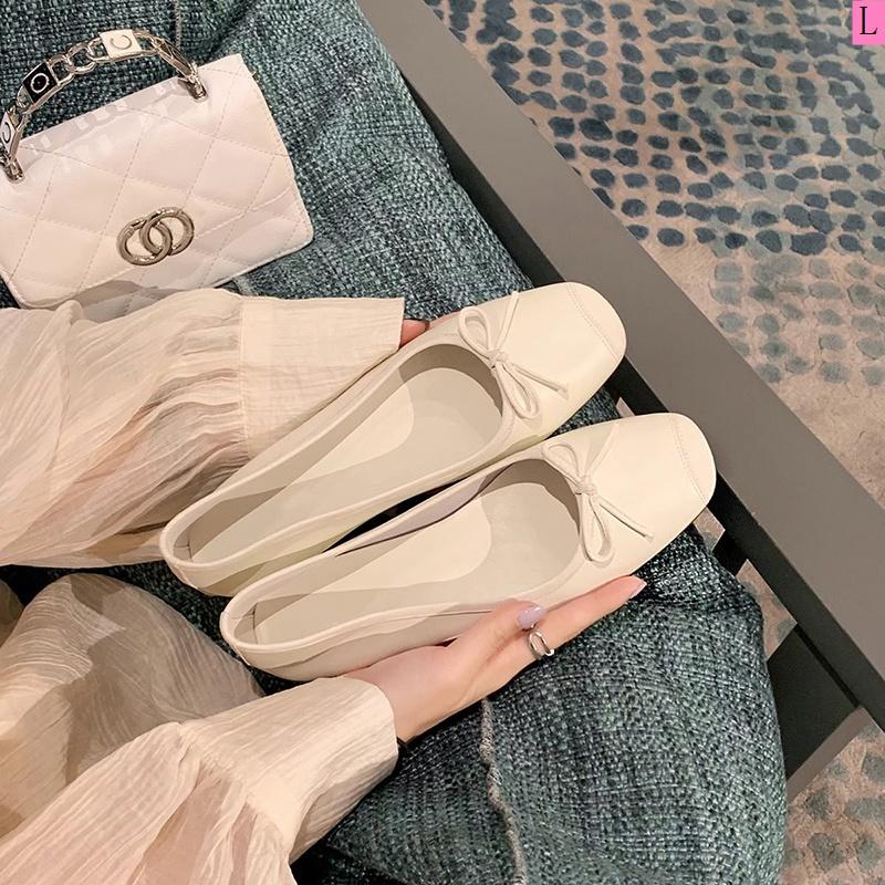 2023 Summer New Style Single Shoes Women Outer Wear Round Toe Shallow Mouth Bow Showing Feet Small Flat All-Match Ballet Shoes Footwear Girl Walking Shoes Running 2