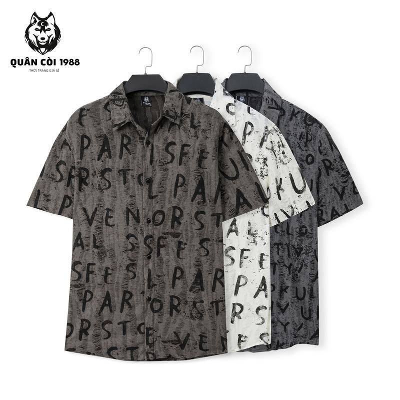 Product Introduction of Áo sơ mi cộc tay cotton wat họa tiết chữ cái  AT- 76 a( Quân còi 1988 ) Menswear Nam Cổ Tròn 4