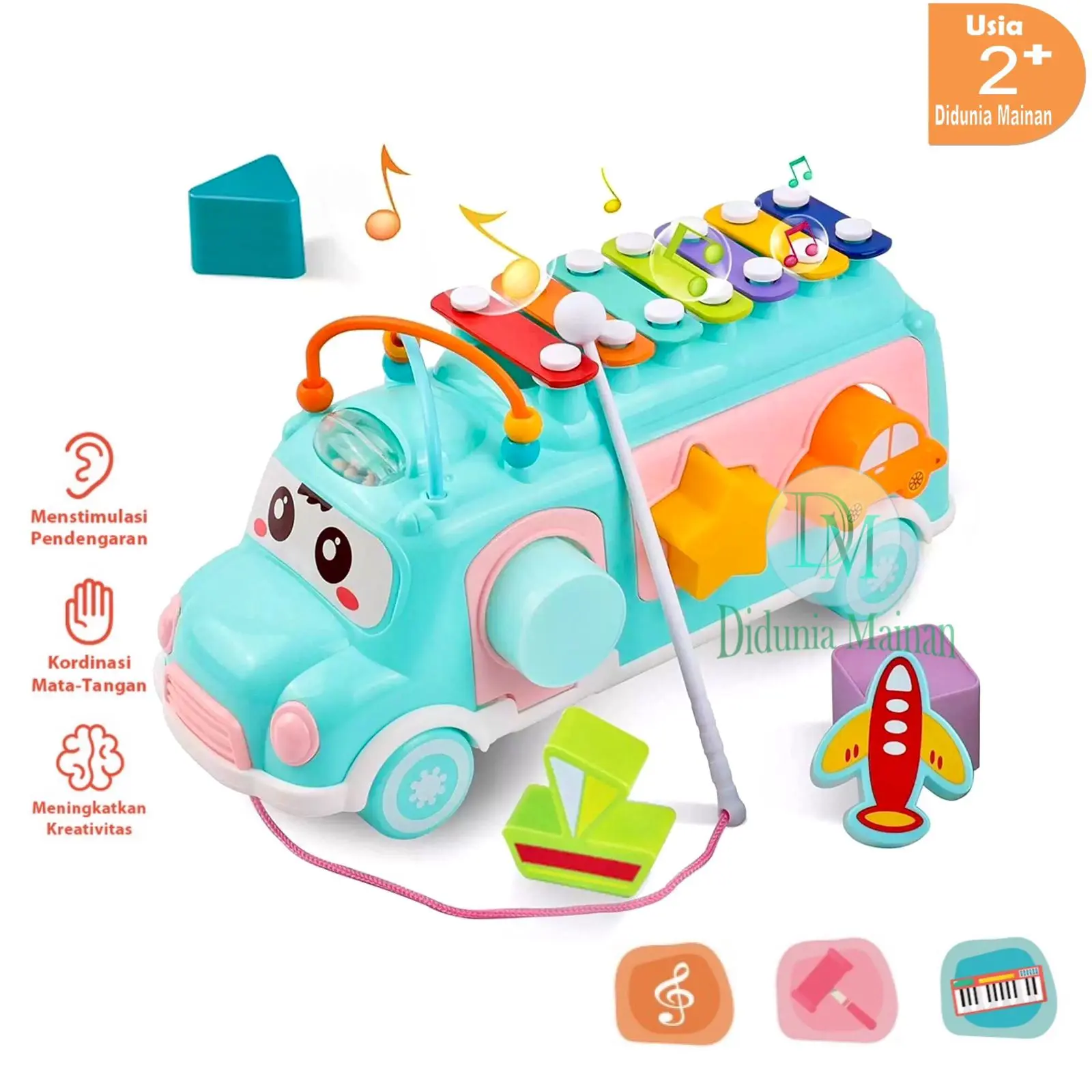 Mainan Edukasi Anak Mobil Mobilan Bus Music Xylophone Shape Sorter Puzzle Block Alat Musik Kolintang 3 in 1 Belajar Piano