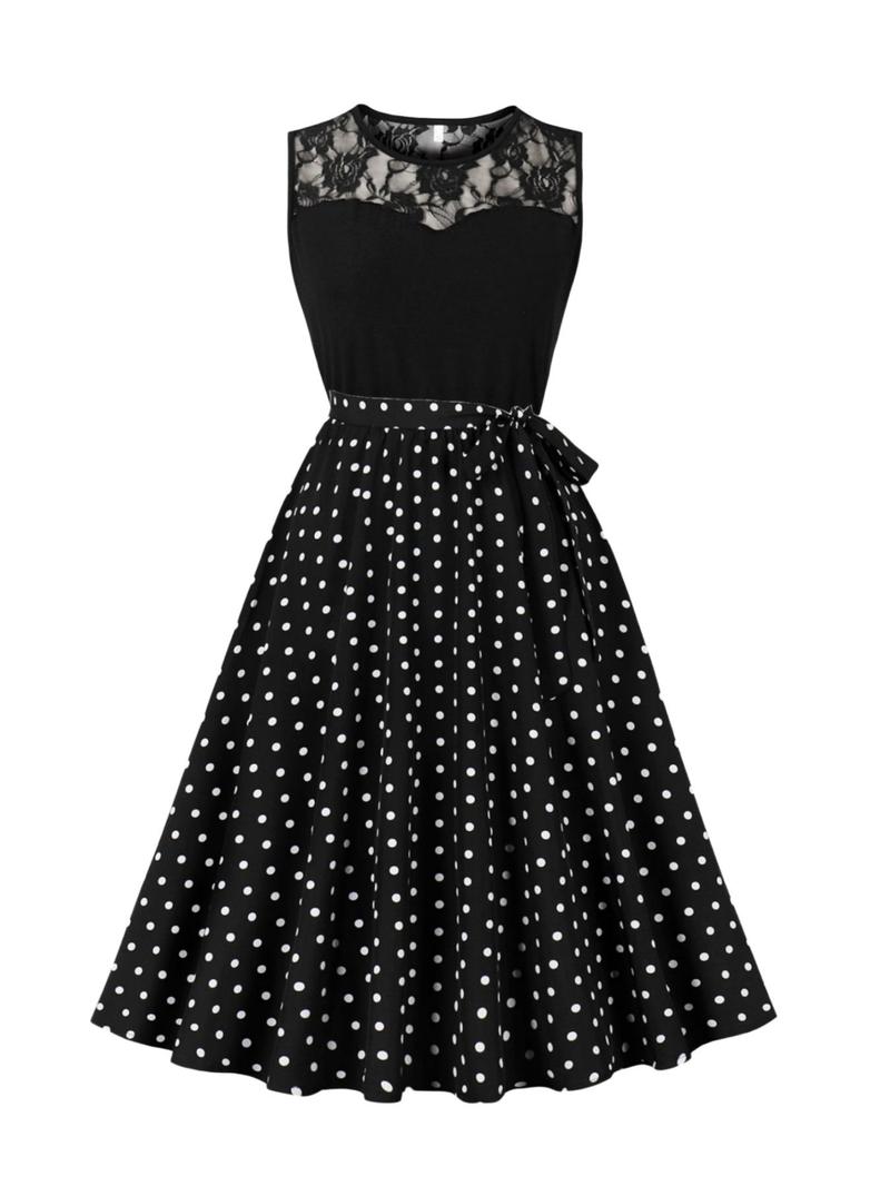 Product Introduction of Women's Patchwork Polka Dot Print Contrast Lace Belted Dress, Elegant Sleeveless Round Neck A Line Midi Dress for Summer, Fashion Women's Dress for Party Holiday Dating 1