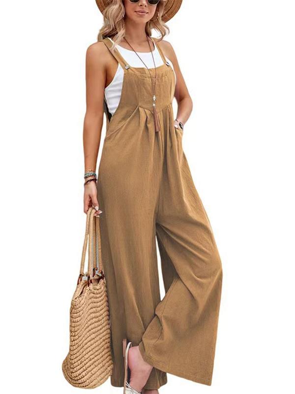 Women's Plain Plicated Button Wide Leg Overall Jumpsuit without Tank Top, Casual Square Neck Sleeveless Pocket Overall Jumpsuit for Summer, Jumpsuit for Women, Playsuit for Women, Summer Outfits 2024 3