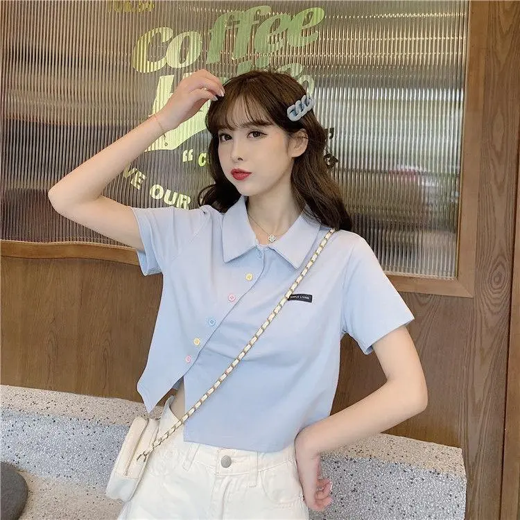 Atasan Kemeja Kaus Polo Wanita Pendek Pusat Ritsleting Lengan Pendek Tie Neck Warna Solid Kancing Fashion Kasual Korea Musim Panas Pakaian Dalam Wanita 3