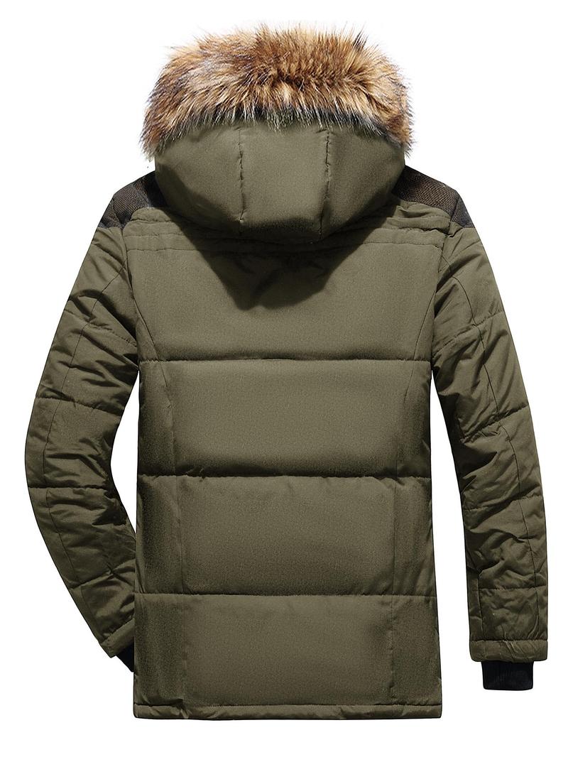 Product Introduction of Men's Contrast Faux Fur Trim Pocket Hooded Thermal Jacket, Regular Fit Casual Long Sleeve Button Front Warm Outerwear for Winter, Men's Clothes for Daily Wear 13