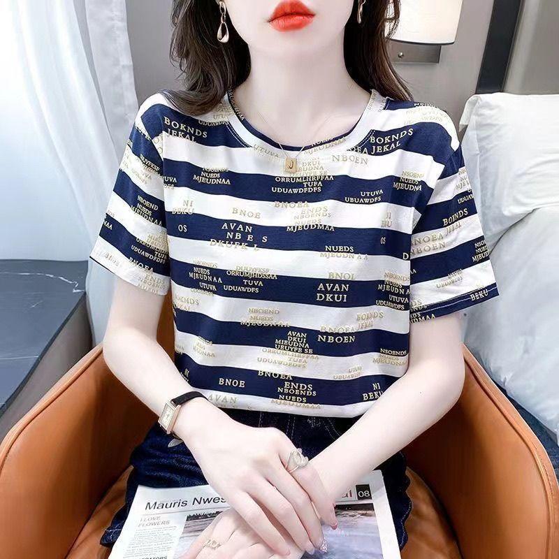 Áo Thun Tay Lửng Quần Áo Nữ, Phong Cách Mùa Hè Hàn Quốc, Thời Trang, Áo Thun ngắn Tay Kẻ Sọc, Dáng Rộng Vừa Vặn, Bộ Sưu Tập Mùa Hè 2024, Thích Hợp Mặc Hàng Đầuáo phông nữ 2