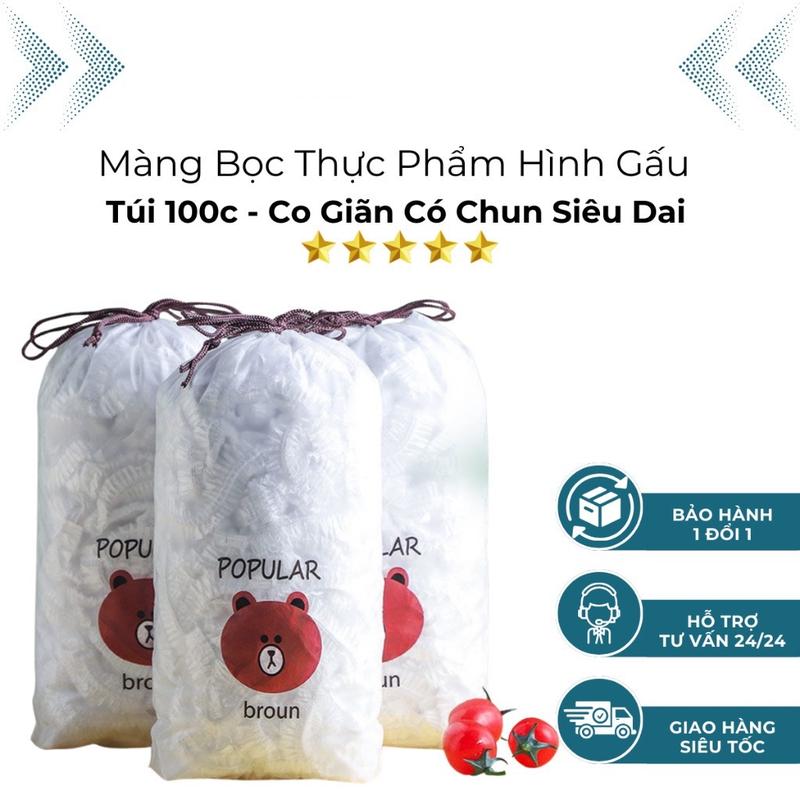 ￼[COMBO 10 TÚI] Màng bọc thực phẩm co giãn( mỗi bịch khoảng 90- 95 cái) siêu dai có chun kèm hình gấu kute